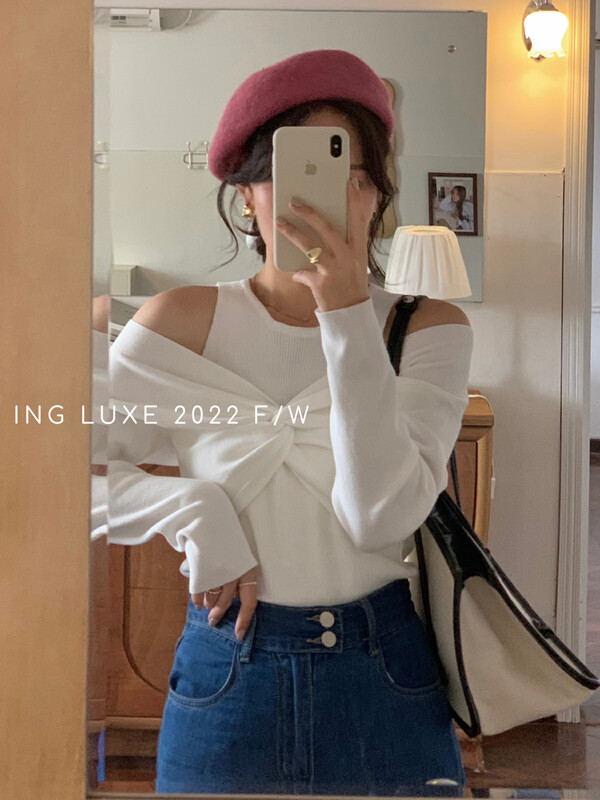 【ING】Design fake two-piece kink slim knitted sweater w3698