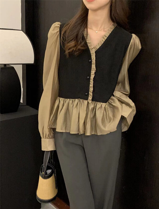 New in early autumn! [SUSAN] Contrast color fungus edge puff sleeve small shirt 81160# LSW