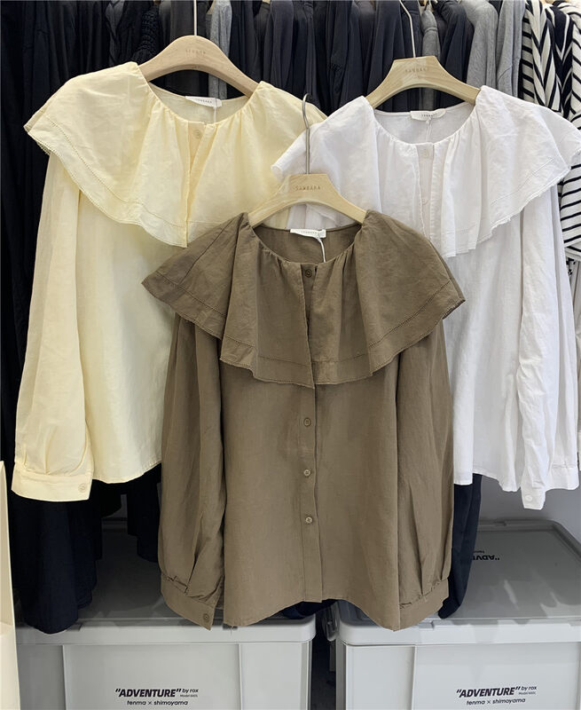 New in early autumn! [SANBARA] Fresh and simple cotton linen lotus leaf collar shirt 9775# LSW