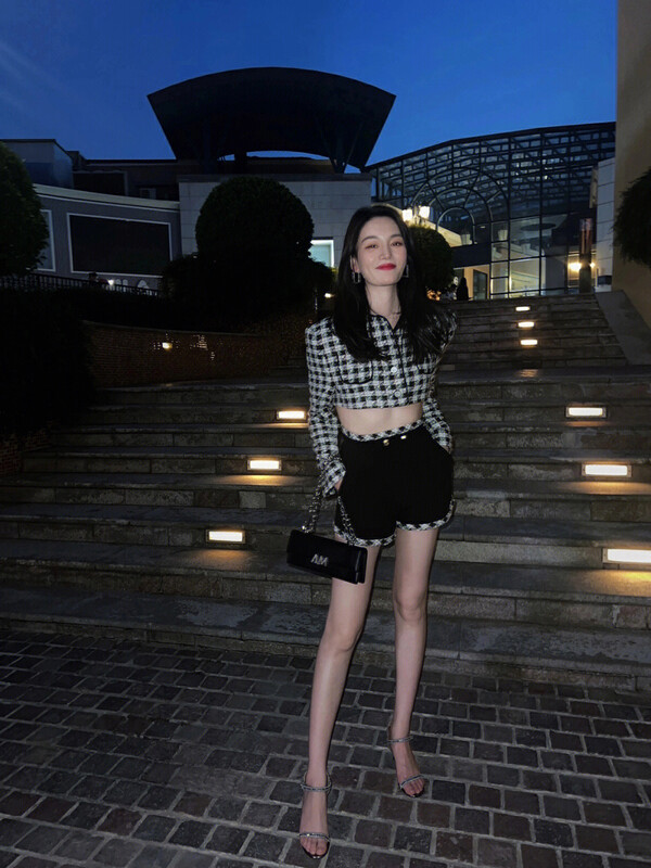 [ALALA EMELIA] Niche Haute Couture Small Shang Plaid Jacket Shorts Two-piece Suit T1810