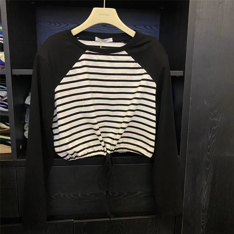 New in autumn! [SUSAN] Contrast color drawstring striped long-sleeved T-shirt 81321# LSW