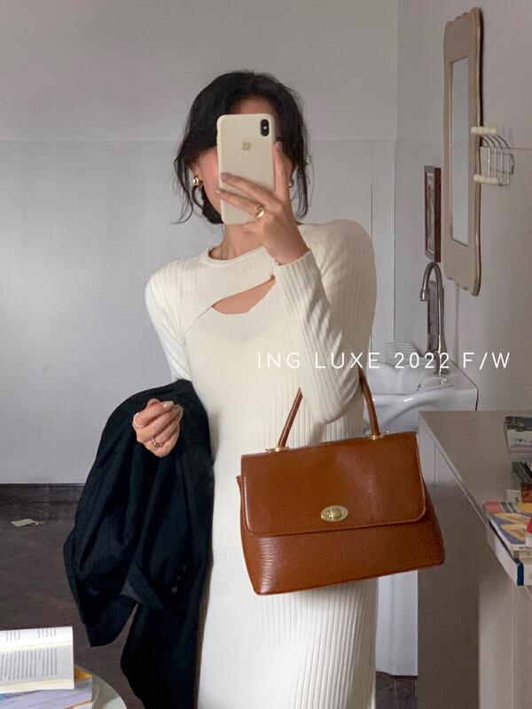 [ING] Temperament hollowed out all-match knitted dress w3738