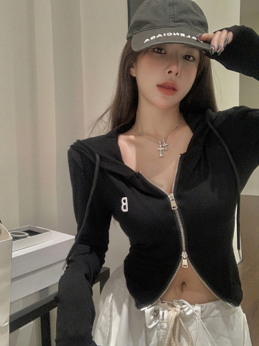 Real auction real price double zipper embroidered letter hoodie women's autumn pure desire to slim and slim all-match top