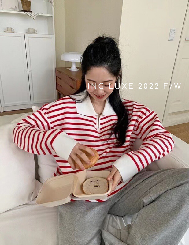 【ING】Korean version niche all-match striped knitted sweater w3710