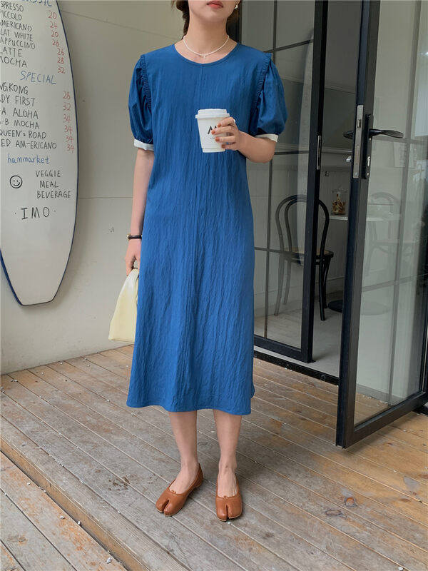 New in early summer! [FEIDING] Round neck contrast color waist dress 7835t# CLS