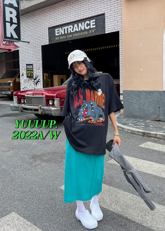 【FISH YU】American retro ferocious dog print frayed craft short-sleeved T-shirt 622553# CQW