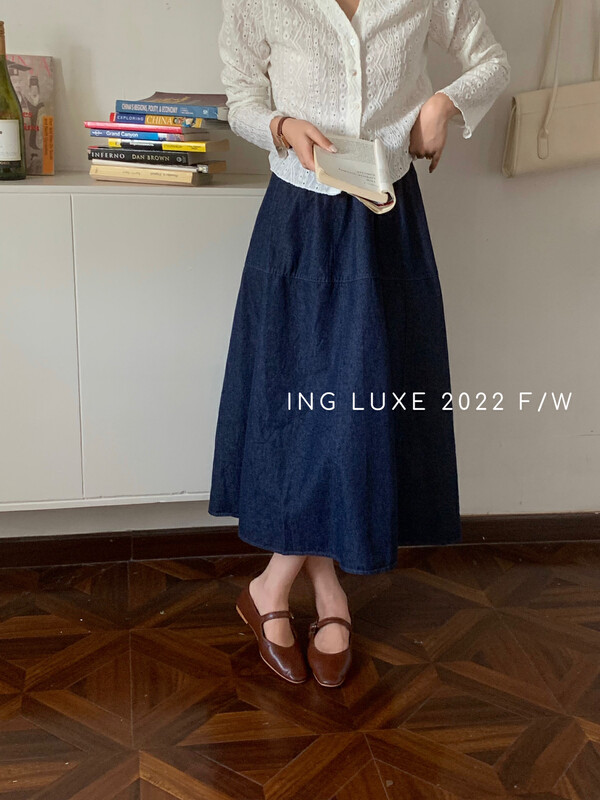 【ING】Korean style all-match high waist stitching denim skirt 8122