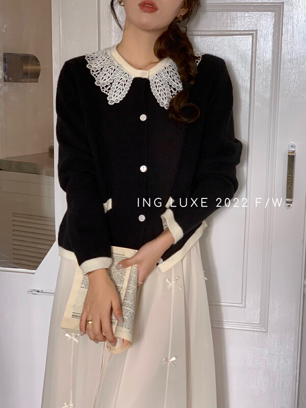 【ING】Vintage lace lace collar knitted sweater w3745