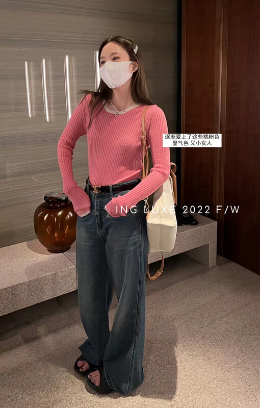 【ING】French careful machine stitching round neck sweater w3813