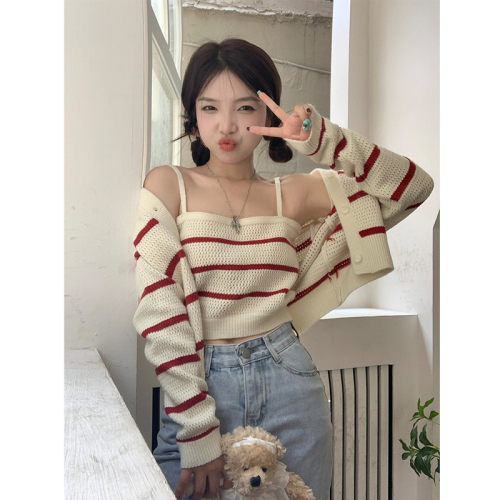 Early autumn  new Korean version of the striped long-sleeved knitted cardigan + short small suspenders women's fashion two-piece suit