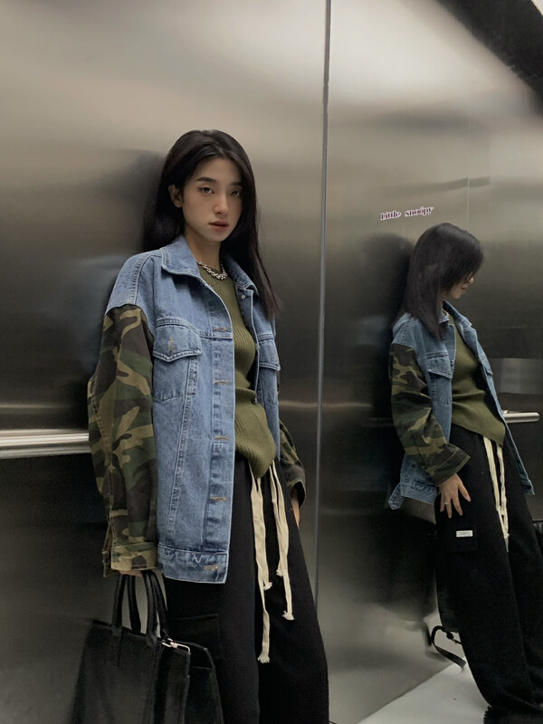 【RAINBOW】Explosive Camouflage Sleeve Textured Denim Jacket 9093# FHX