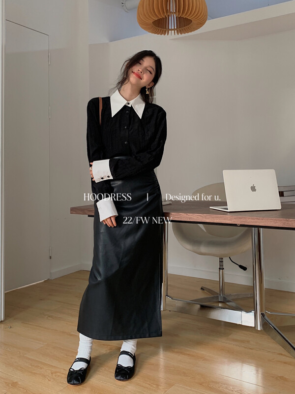 Autumn is new! [Fire HOODRESS] intellectually pleated slit design soft leather skirt 22461# JHY