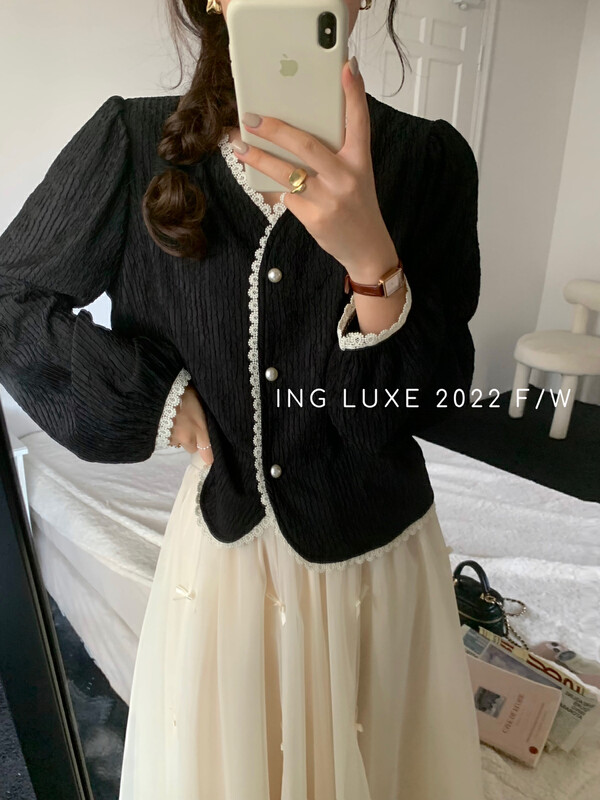 【ING】French lace stitching sweet shirt 8111