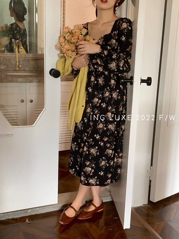 【ING】French square neck puff sleeve floral dress 6576