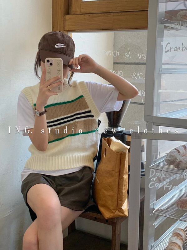 【ING】Korean version of the retro color matching thick line vest w3659