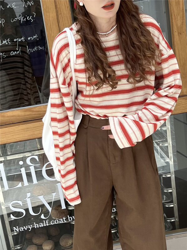 New in early autumn! [SANBARA] Contrast color striped loose casual long-sleeved T-shirt 9693# LSW