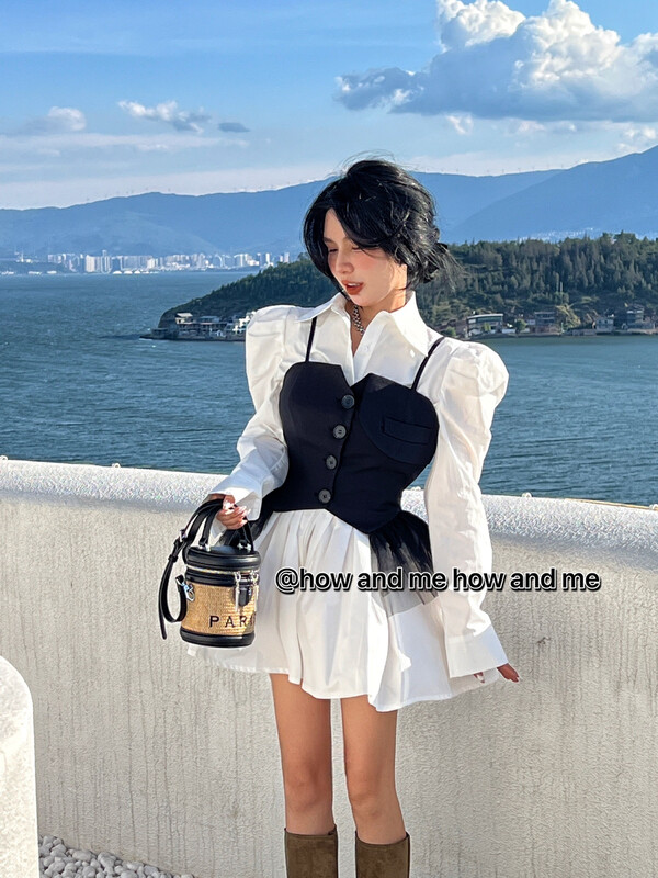 New in early autumn!【 HOW AND ME Cheng Xi】Mid-length shirt dress + fashionable Korean suspender vest suit 5063# LSL