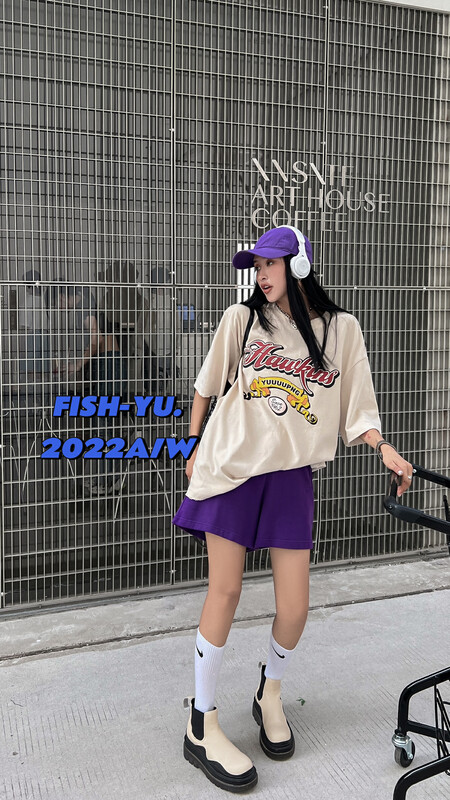 【FISH YU】American retro 3D digital direct injection printing thickened brushed short-sleeved T-shirt 22576# CQW