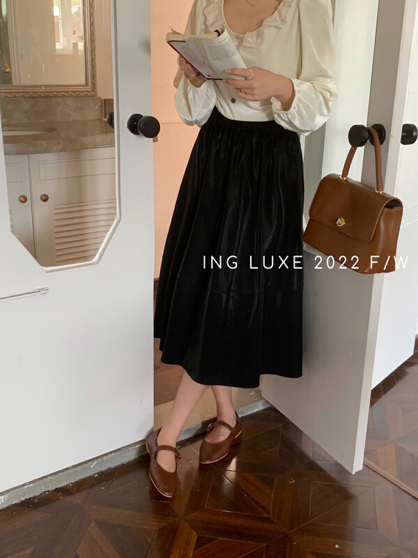 【ING】French retro high waist A-line slim skirt 8113