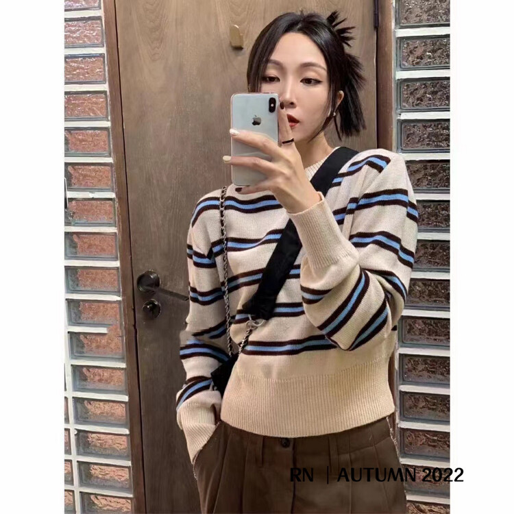 New in autumn! [R N] Casual striped round neck sweater 81982-1# L