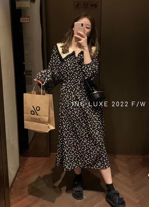 Original price 88.99! [ING] Retro Doll Collar Floral Waist Dress 9179
