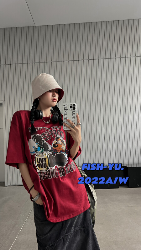 【FISH YU】American cartoon 3D digital direct injection printing thickened brushed short-sleeved T-shirt 22580