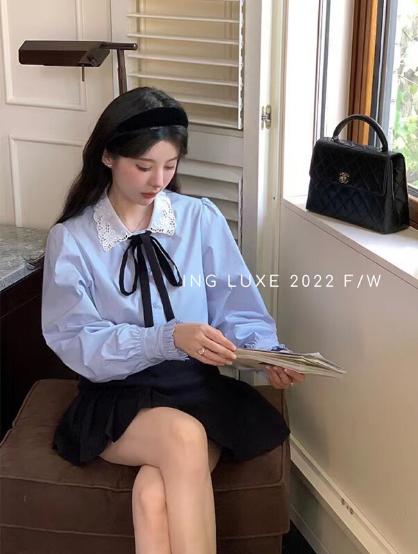 【ING】College style puff sleeve bow shirt 9383