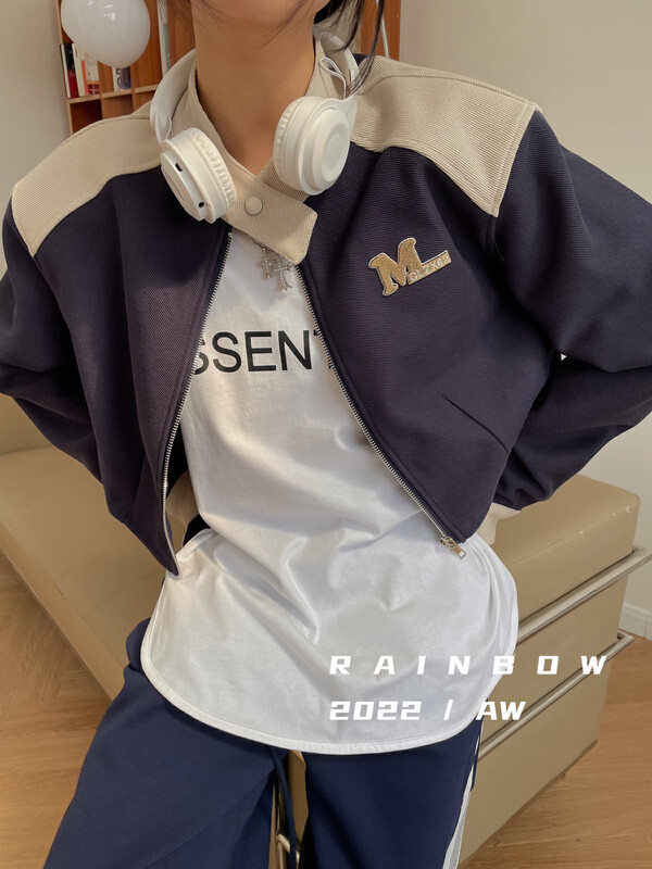 [RAINBOW] Explosive motorcycle herringbone twill M-shaped collar stitching short jacket 09132# FHX