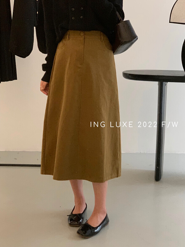 【ING】Retro high-waisted mid-length slim denim skirt 8167