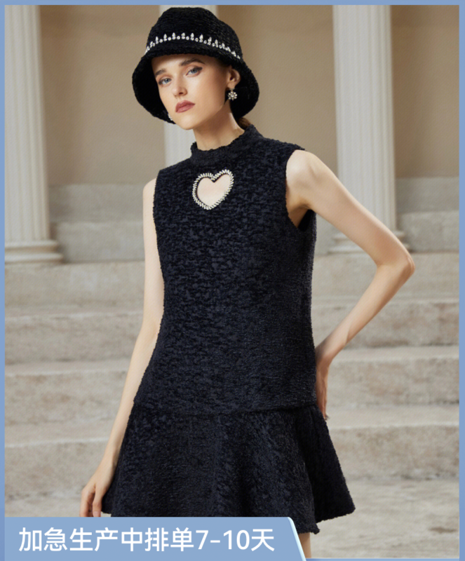 [ALALA EMELIA] Niche Haute Couture Black Small Fragrance Sleeveless Hollow Beaded Dress L2259