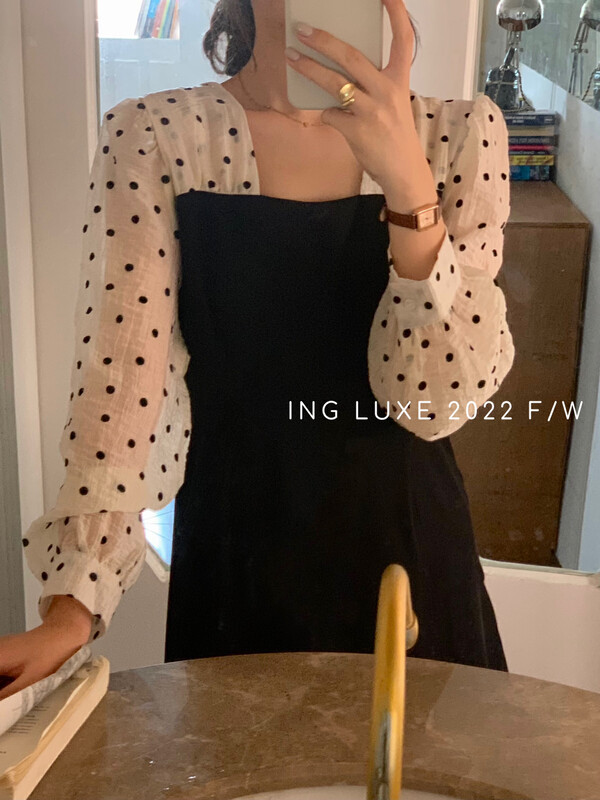 【ING】Polka dot puff sleeve waist black dress 9137