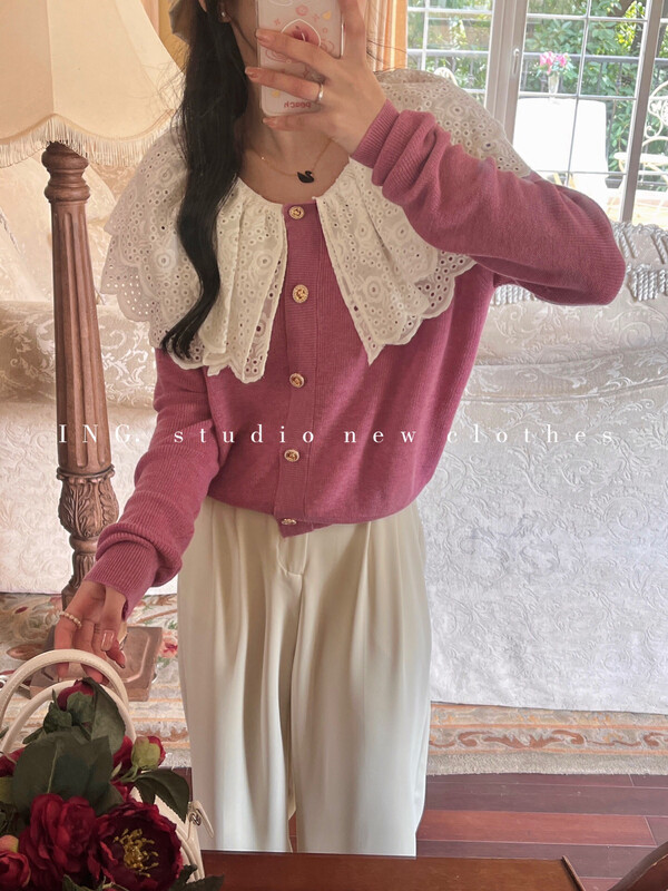 Original price 66.55! [ING] Super fairy design French doll collar soft waxy knitted cardigan w3465