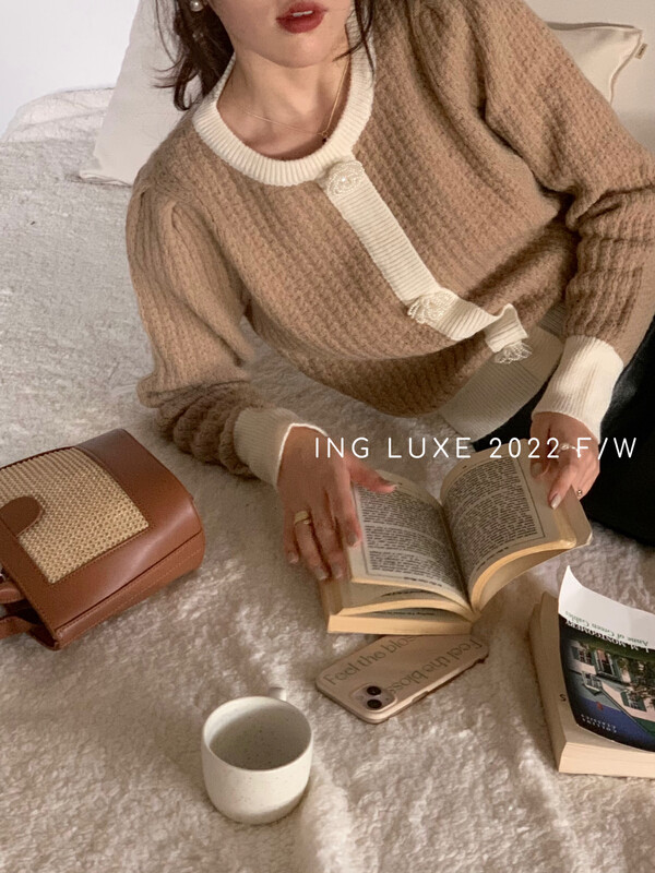 【ING】Pearl flower button knitted cardigan knitted sweater w3675