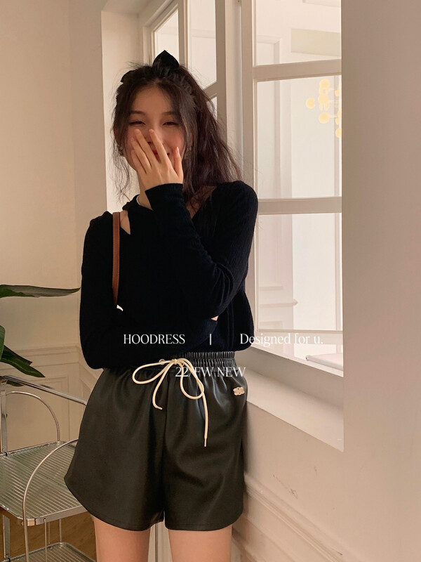 [Fire HOODRESS] Korean version of high-grade soft leather wide-leg slim casual shorts 22392# JHY