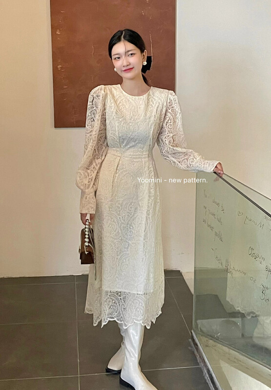 New in autumn!  French elegant waist and slim long puff sleeve lace dress Q16301-V# WPL