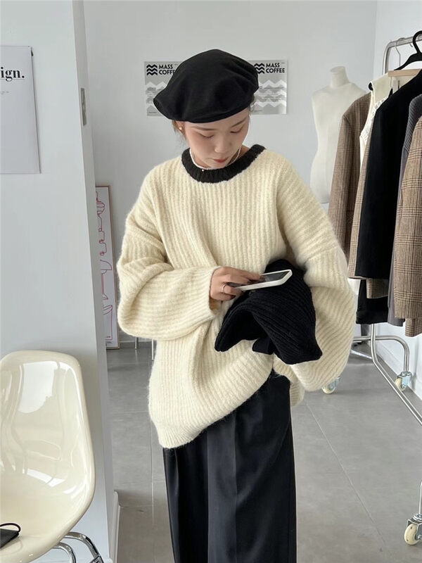 New in autumn! [SANBARA] Round neck loose casual color contrast warm sweater 67853# LSW