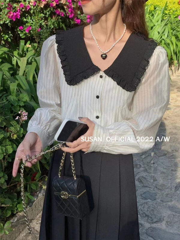 Early autumn new style! [SUSAN] Contrast color striped doll collar shirt YS1-1118# LSW