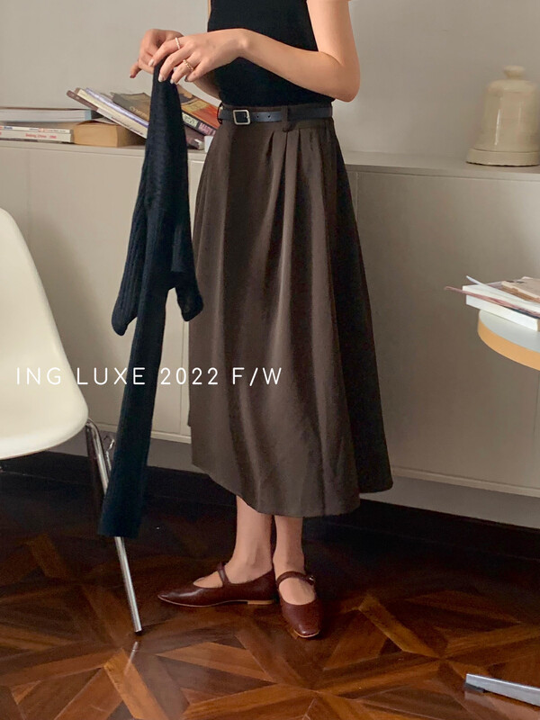 【ING】Retro High Waist Slim Hip Covering Skirt (with Belt) 8075