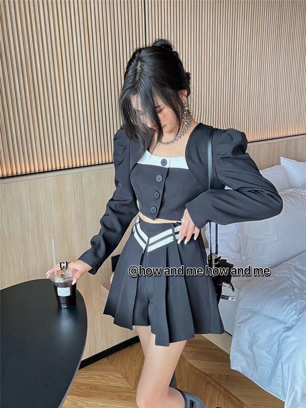 New in autumn!【 HOW AND ME Cheng Xi】Little woman color matching short coat + high waist culottes two-piece suit 5106# CQW