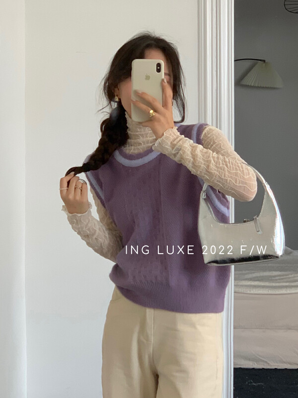【ING】Korean style contrast color lace knitted all-match vest w3760# FHX
