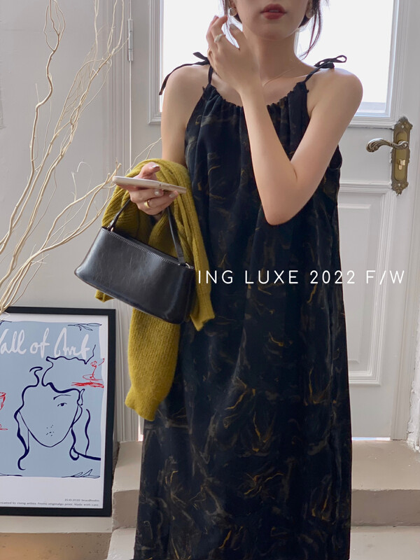 【ING】French ink smudge print suspender dress ING-8033