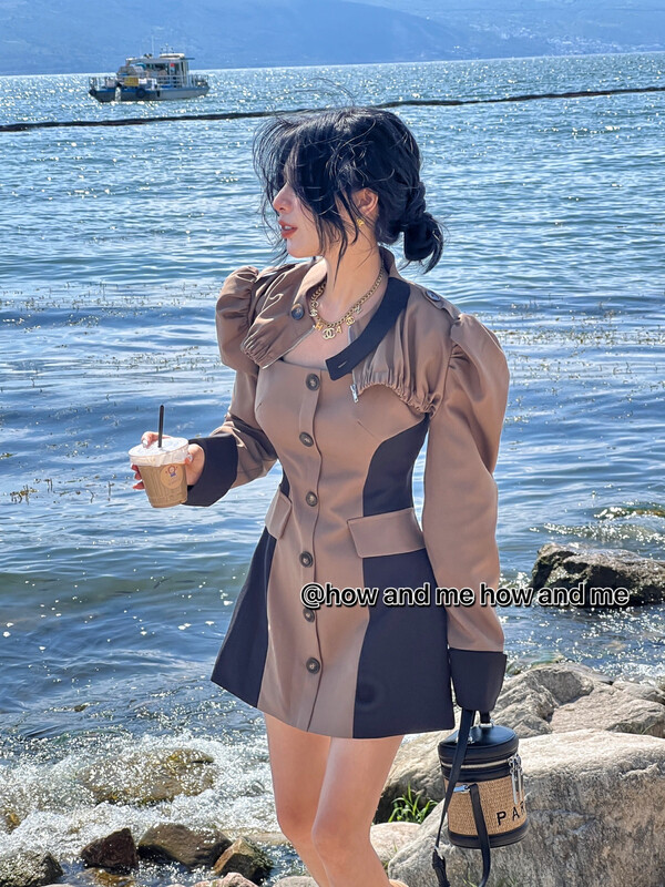 New in early autumn!【 HOW AND ME Cheng Xi】Fashion short jacket + slimming contrast design suspender skirt two-piece suit 5013# LSL