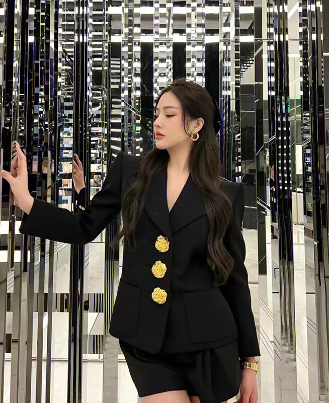 【ALALA EMELIA】Nice Haute Couture Stand Cut Design Rose Gold Buckle Suit Top Short Jacket S2233