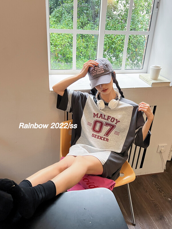 [RAINBOW] Contrast color retro sports T short-sleeved T-shirt (superb texture) 08308# FHX