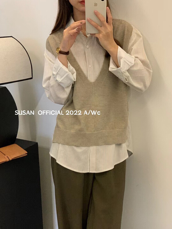 New in autumn! [SUSAN] Korean version of the striped stitching fake two-piece shirt 81259# LSW