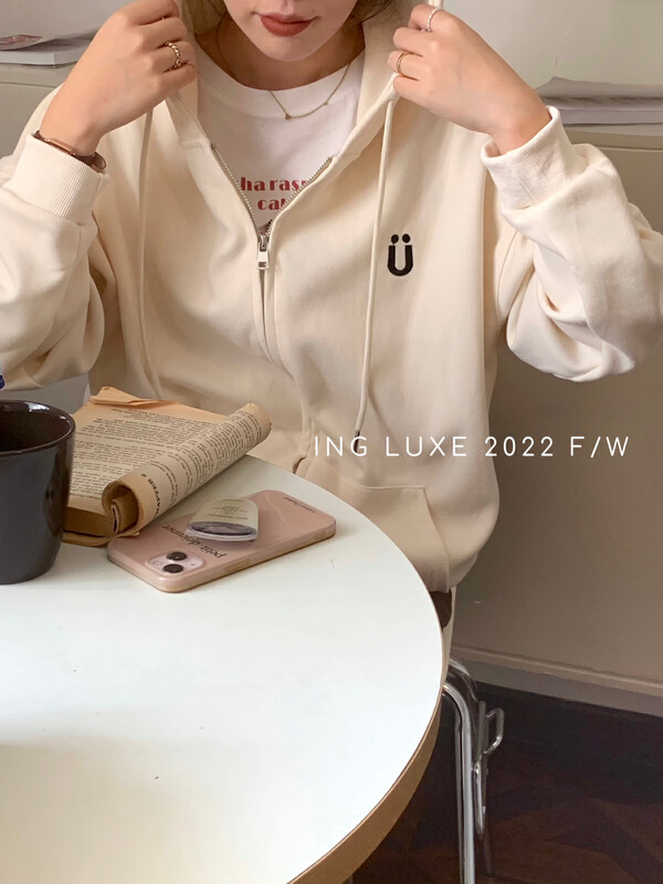 【ING】Korean Style Loose Hooded Zipper Embroidered Sweatshirt 8181# FHX