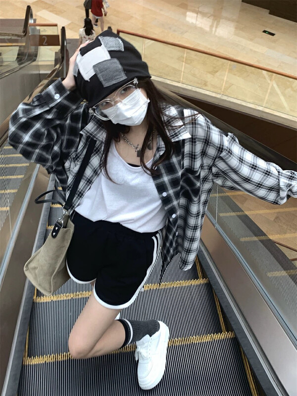 [RAINBOW] Patchwork plaid shirt shirt early autumn new shirt 06116