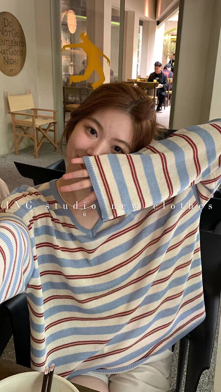 Original price 43.99! [ING] Lazy style V-neck contrast color striped sweater ING-w3600