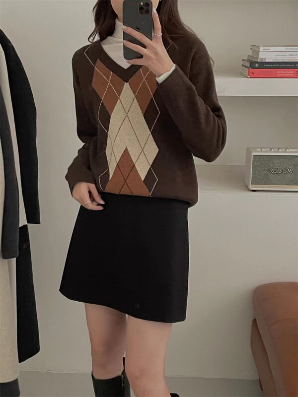New in autumn! [FEIDING] round neck plaid pullover all-match knitted sweater 2911# CLS