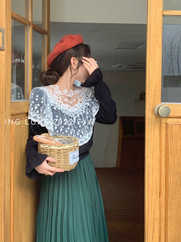 【ING】French temperament mesh lace stitching sweater w3655